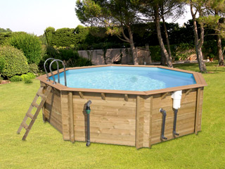 Image Piscine hors-sol bois BWT myPOOL ODYSSEA OCTO 530 H133cm margelles havane liner bleu