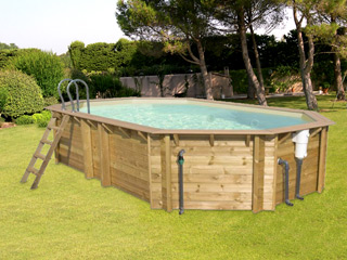 Image Piscine hors-sol bois BWT myPOOL ODYSSEA OCTO+ 640 H133cm margelles havane liner sable