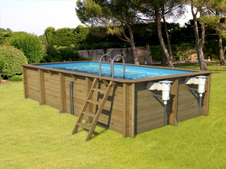 Image Piscine hors-sol bois BWT myPOOL ODYSSEA RECTANGLE 6x3 H133cm margelles havane liner bleu