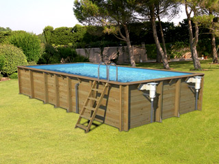 Image Piscine hors-sol bois BWT myPOOL ODYSSEA RECTANGLE 8x4 H146cm margelles havane liner bleu