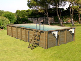 Image Piscine hors-sol bois BWT myPOOL ODYSSEA RECTANGLE 8x4 H146cm margelles havane liner sable