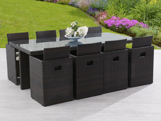 Image Salon de jardin en resine tressee avec table et 8 fauteuils dossiers rabattables chocolat