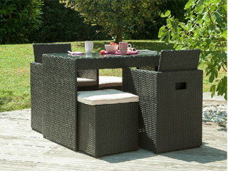 Image Salon de jardin en resine tressee avec table + 2 fauteuils encastrables + 2 poufs Noir
