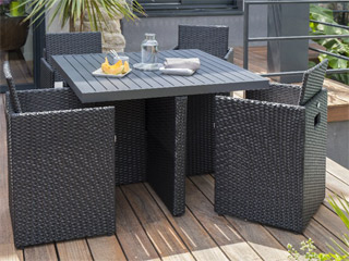 Image Salon de jardin en resine tressee avec table + 4 fauteuils encastrables Noir