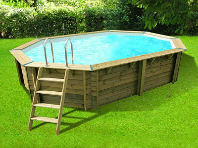 Image Piscine bois Ubbink AZURA octogonale allongee 355x490x130cm liner bleu
