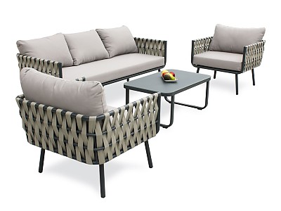 Image Salon bas de jardin ANTIBES 5 places aluminium et lanieres de tissu tressees DCB Garden