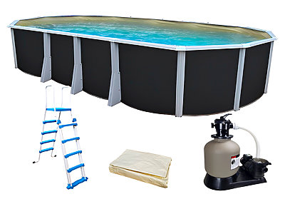 Image Kit piscine hors-sol acier Toi ANTHRACITE IBIZA ovale 730X366X132cm liner beige