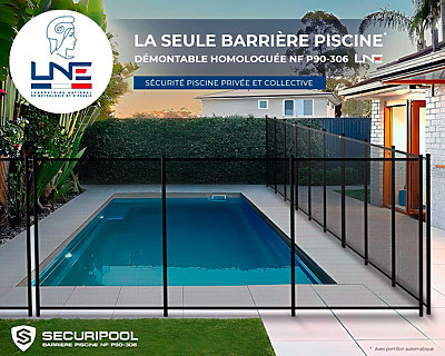 Image Barriere piscine demontable SECURIPOOL Noire 9m fixations 16mm NF P90-306 LNE