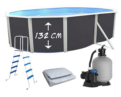 Image Piscine hors-sol acier TOI MAGNUM ANTHRACITE ovale 640x366x132cm liner gris filtre 6m³/h