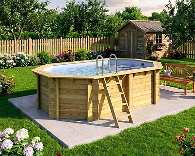 Image Piscine bois Altanka NEMO octogonale allongee 4,3x3m H 1,18 m liner gris clair