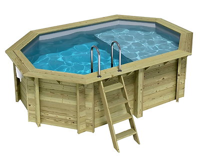 Image Piscine bois Altanka NEMO octogonale allongee avec plage 4,3x3m H 1,18 m liner gris, ancrage beton