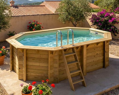 Image Piscine bois Altanka NEMO octogonale allongee 4,3 x 3m H 1,18m liner sable, pose sur dalle