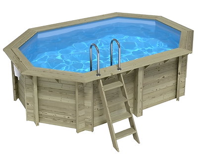 Image Piscine bois Altanka NEMO octogonale allongee 4,3x3m H 1,18 m liner bleu, sans dalle beton