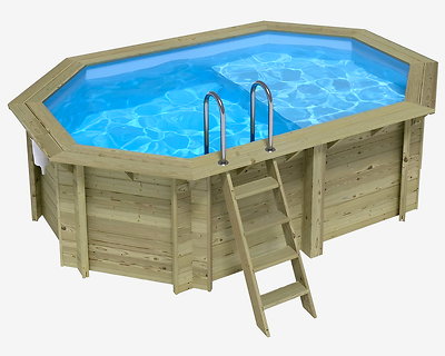 Image Piscine bois Altanka NEMO octogonale allongee avec plage 4,3 x 3m H 1,18m liner bleu, sans dalle beton