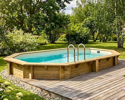 Image Piscine bois Altanka NEMO octogonale allongee 4,3 x 3m H 1,31m liner beige, ancrage beton