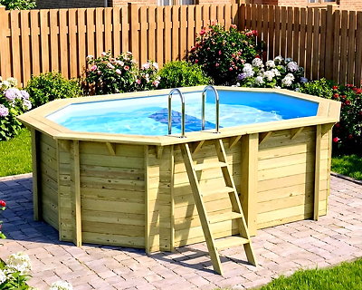 Image Piscine bois Altanka NEMO octogonale allongee avec plage 4,3 x 3m H 1,31m liner bleu, ancrage beton