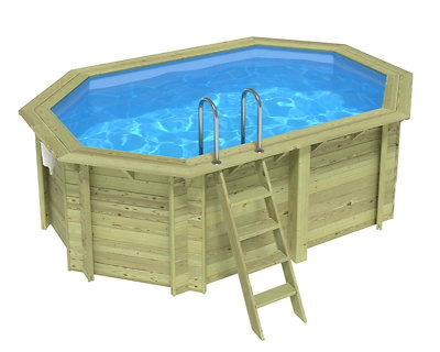 Image Piscine bois Altanka NEMO octogonale allongee 4,3 x 3m H 1,31m liner bleu, sans dalle beton