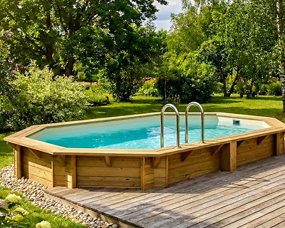 Image Piscine bois Altanka NEMO octogonale allongee 4,3 x 3m H 1,31m liner sable, sans dalle beton