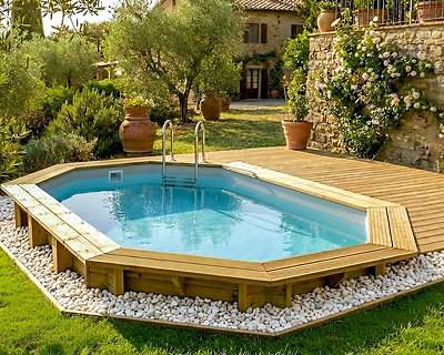 Image Piscine bois Altanka NEMO octogonale allongee 4,3 x 3m H 1,31m liner gris, sans dalle beton