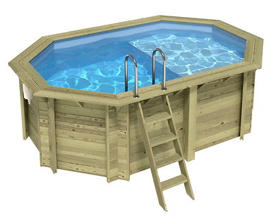 Image Piscine bois Altanka NEMO octogonale allongee avec plage 4,3 x 3m H 1,31m liner bleu, sans dalle beton