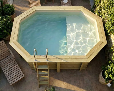 Image Piscine bois Altanka NEMO octogonale allongee avec plage 4,3 x 3m H 1,31m liner sable, sans dalle beton