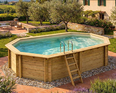 Image Piscine bois Altanka NEMO octogonale allongee avec plage 5,79 x 3,49m H 1,45m liner sable ancrage beton