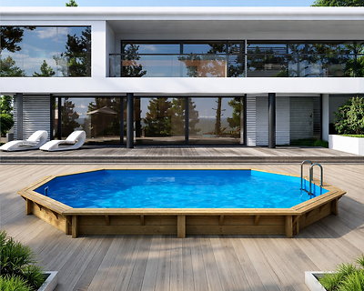 Image Piscine bois Altanka NEMO octogonale allongee 5,79 x 3,49m H 1,45m liner bleu, pose sur dalle