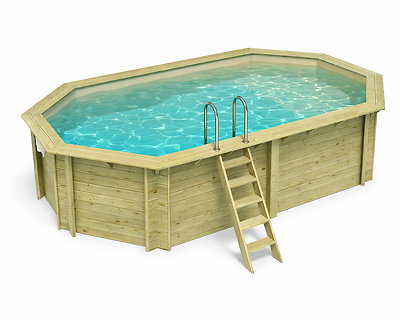 Image Piscine bois Altanka NEMO octogonale allongee 5,79 x 3,49m H 1,45m liner sable, sans dalle beton