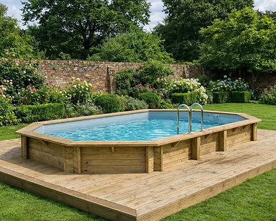 Image Piscine bois Altanka NEMO octogonale allongee 7,3 x 3,97m H 1,45m liner gris, ancrage beton