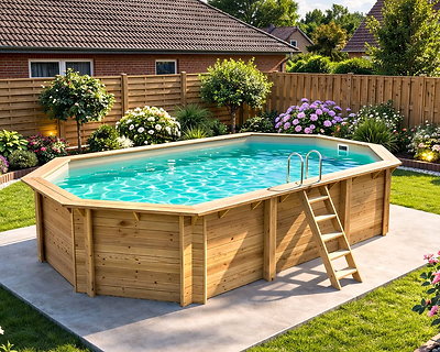 Image Piscine bois Altanka NEMO octogonale allongee 7,3 x 3,97m H 1,45m liner sable, pose sur dalle