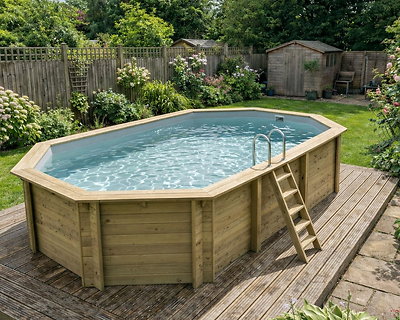 Image Piscine bois Altanka NEMO octogonale allongee 7,3 x 3,97m H 1,45m liner gris, pose sur dalle