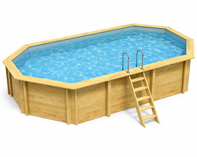 Image Piscine bois Altanka NEMO octogonale allongee 7,3 x 3,97m H 1,45m liner gris, sans dalle beton