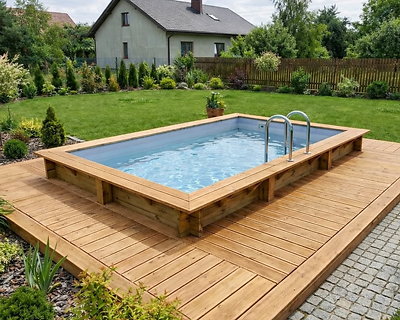 Image Piscine bois Altanka AQUA rectangulaire 4,65 x 2,85m H 1,24m liner gris, ancrage beton