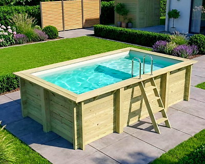 Image Piscine bois Altanka AQUA rectangulaire avec plage 4,65 x 2,85m H 1,24m liner sable, ancrage beton
