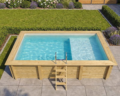 Image Piscine bois Altanka AQUA rectangulaire avec plage 4,65 x 2,85m H 1,24m liner gris, ancrage beton