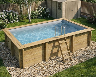 Image Piscine bois Altanka AQUA rectangulaire 4,65 x 2,85m H 1,24m liner gris, pose sur dalle