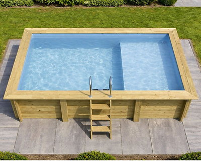 Image Piscine bois Altanka AQUA rectangulaire avec plage 4,65 x 2,85m H 1,24m liner bleu, pose sur dalle