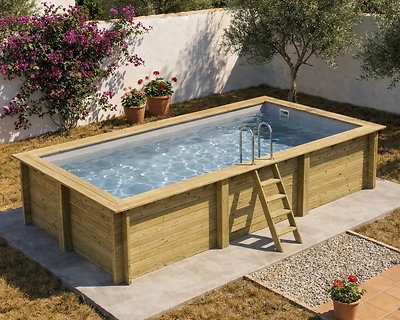 Image Piscine bois Altanka AQUA rectangulaire 6,1 x 2,85m H 1,31m liner gris, pose sur dalle