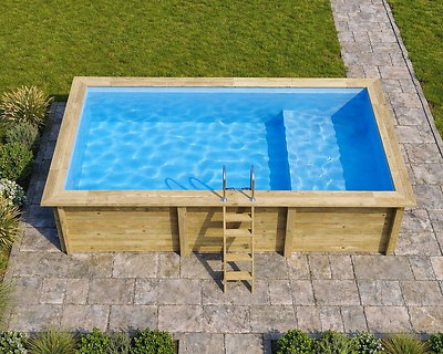 Image Piscine bois Altanka AQUA rectangulaire avec plage 6,1 x 2,85m H 1,31m liner bleu, pose sur dalle