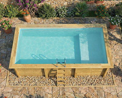 Image Piscine bois Altanka AQUA rectangulaire avec plage 6,1 x 2,85m H 1,31m liner sable, pose sur dalle
