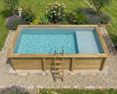 Image Piscine bois Altanka AQUA rectangulaire avec plage 6,1 x 2,85m H 1,31m liner gris, pose sur dalle