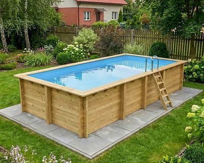 Image Piscine bois Altanka AQUA rectangulaire avec plage 7,0 x 3,75m H 1,45m liner bleu, ancrage beton