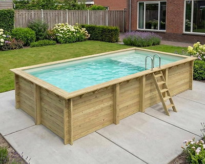 Image Piscine bois Altanka AQUA rectangulaire avec plage 7,0 x 3,75m H 1,45m liner sable, ancrage beton