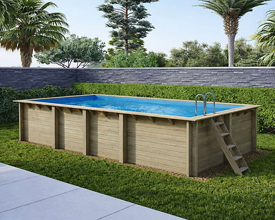 Image Piscine bois Altanka AQUA rectangulaire 7,0 x 3,75m H 1,45m liner bleu, pose sur dalle