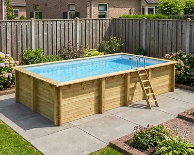 Image Piscine bois Altanka AQUA rectangulaire 7,0 x 3,75m H 1,45m liner gris, pose sur dalle