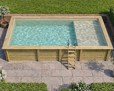 Image Piscine bois Altanka AQUA rectangulaire avec plage 7,0 x 3,75m H 1,45m liner sable, pose sur dalle