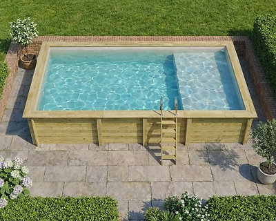 Image Piscine bois Altanka AQUA rectangulaire avec plage 7,0 x 3,75m H 1,45m liner gris, pose sur dalle