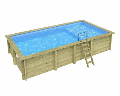 Image Piscine bois Altanka AQUA rectangulaire avec plage 7,0 x 3,75m H 1,45m liner bleu, sans dalle beton