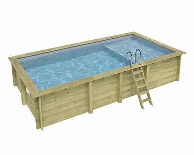 Image Piscine bois Altanka AQUA rectangulaire avec plage 7,0 x 3,75m H 1,45m liner gris, sans dalle beton