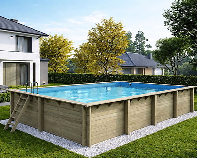Image Piscine bois Altanka AQUA rectangulaire 8,5 x 4,35m H 1,45m liner bleu, ancrage beton